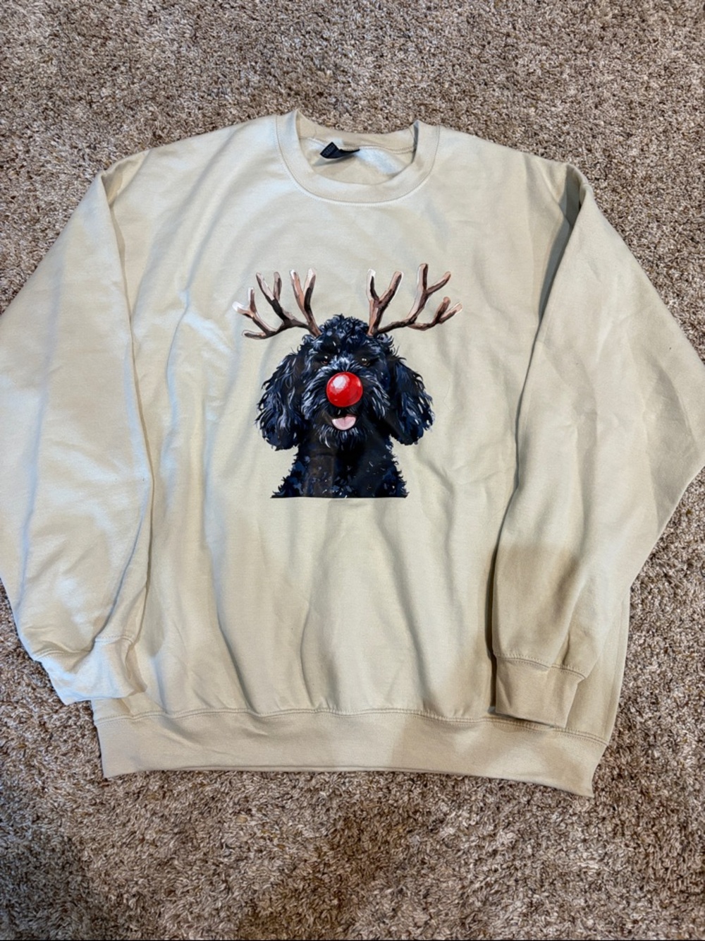 Brand New Gildan Cream Crewneck Sweatshirt with Black Dog Reindeer Graphic
